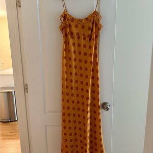 Reformation Mustard Yellow Maxi Slip Dress with Rust Polka Dots